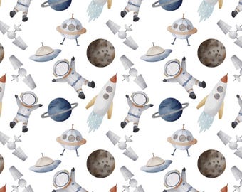 Watercolor Astronaut Pattern Cotton Fabric-Soft 100% Cotton for Kids Clothes, DIY Sewing, Quilting,Sold By Half Yard