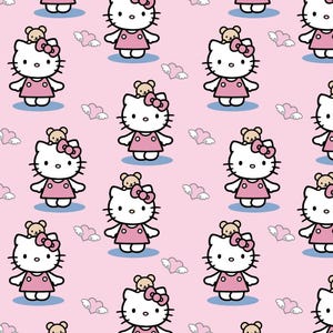 May include: A repeating pattern featuring the Hello Kitty character in a pink dress, with a bow and a small teddy bear on her head. The background is a light pink colour with small heart and cloud designs.