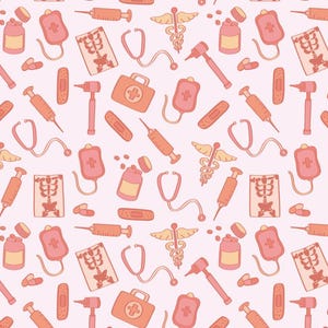 Puede incluir: Un patrón repetitivo de herramientas y suministros médicos en tonos naranja y rosa sobre un fondo rosa claro. El diseño incluye estetoscopios, jeringas, vendas, frascos de medicamentos y bolsas médicas.