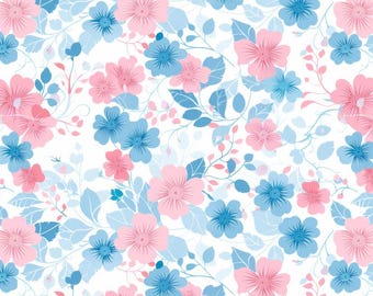 Pastel Flowers Blue With Pink Pattern Pure Cotton Fabric,Soft 100% Cotton for Kids Clothes, DIY Sewing, Quilting,Sold By Half Yard