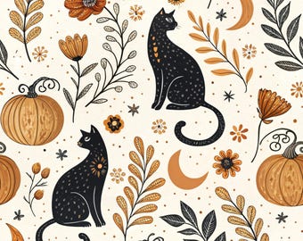 Black Cat Pumpkin Moon Floral Halloween Pattern Fabric, 100% Cotton for Kids Clothes, DIY Sewing, Sold By Half Yard