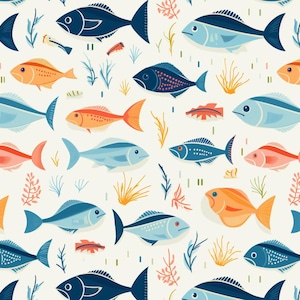 May include: A repeating pattern of stylized fish in shades of blue, orange, and pink against a cream background. The fish vary in shape and size, with some featuring dotted or striped details. Seaweed and other aquatic elements are also included.