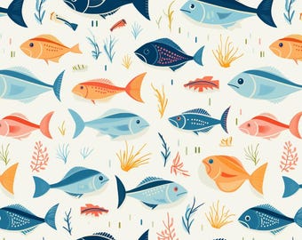 Watercolor Fish Pattern Cotton Fabric-Soft 100% Cotton for Kids Clothes, DIY Sewing, Quilting,Sold By Half Yard