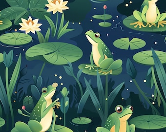 Niedlicher Frosch auf Seerosenblatt – Nahtloser Stoff mit mystischem Teichmuster, atmungsaktiv und farbecht (0,5 Yards)