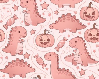 Seamless Pink Dinosaur Halloween Cotton – Cute Spooky Print by the Half Yard for DIY Girls Clothing