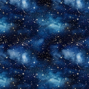 以下が含まれることがあります： 深い青色の水彩画の背景に、白と金の星、星座、星雲が散りばめられたシームレスなパターン。 夢のような芸術的な美学を持つ、天体のテーマのデザインです。 星のサイズと明るさは異なり、奥行きを表現しています。