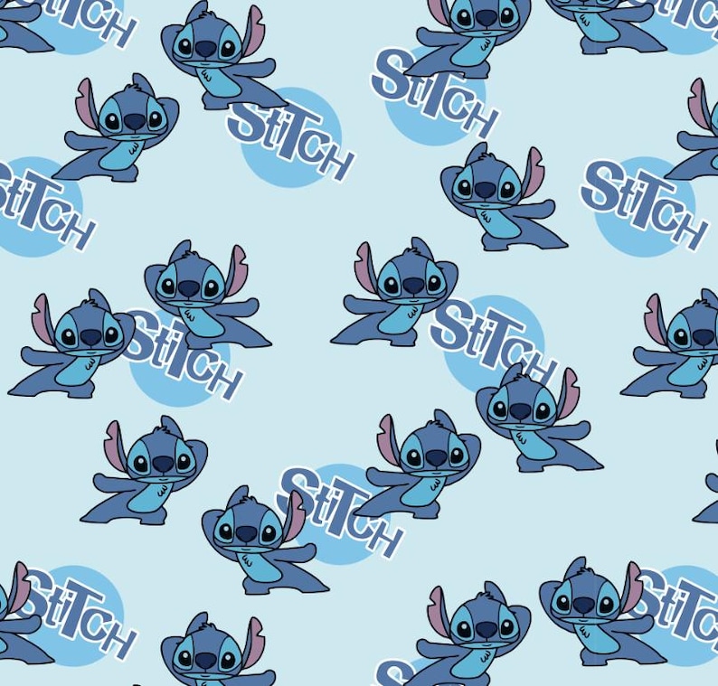 May include: A blue background with a repeating pattern of Stitch, the alien character from the Disney movie Lilo & Stitch. Stitch is shown in a blue and white color scheme with the word "Stitch" in a circle around him.