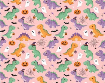 Seamless Pink Halloween Dinosaur Cotton – Cute Spooky Print by the Half Yard for DIY Kids Bags