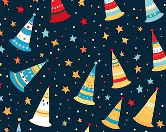 Birthday Hat Pattern Fabric-Warm Celebration Pattern Cotton Fabric-Soft 100% Cotton for Kids Clothes, DIY Sewing, Quilting,Sold By Half Yard