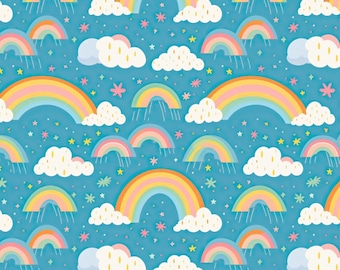 Cute Rainbow With Cloud Blue Cotton Fabric,Soft 100% Cotton for Kids Clothes, DIY Sewing, Quilting,Sold By Half Yard