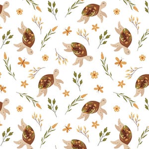 Elegant Floral Turtle Cute and Happy Turtle Pattern Soft 100% Cotton for Kids Clothes, DIY Sewing, Quilting,Sold By Half Yard