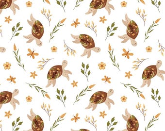 Elegant Floral Turtle Cute and Happy Turtle Pattern Soft 100% Cotton for Kids Clothes, DIY Sewing, Quilting,Sold By Half Yard