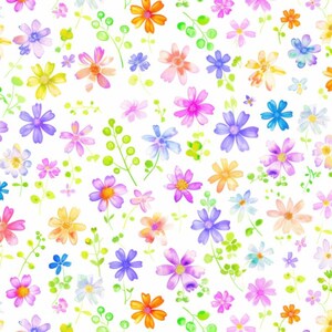 May include: Watercolor floral pattern featuring a variety of colorful flowers in shades of pink, purple, orange, yellow, and blue. Green stems and leaves are scattered throughout the design, all set against a white background.