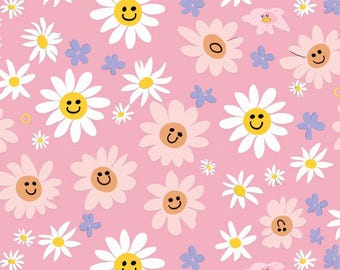 Pink Daisy Smile Face Pattern Pure Cotton Fabric,Soft 100% Cotton for Kids Clothes, DIY Sewing, Quilting,Sold By Half Yard
