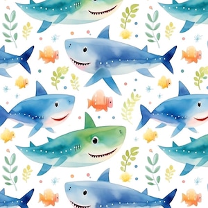 May include: A repeating pattern on a white background featuring watercolor-style sharks in shades of blue and green, interspersed with small orange fish, light green seaweed sprigs, and tiny colorful dots throughout the entire design.