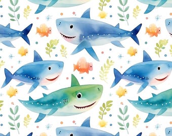 Seamless Watercolor Cute Shark Pattern Fabric -Breathable & Fade-Resistant Sold By Half Yard