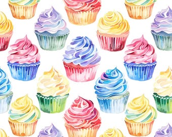 Watercolor Sweet Cupcake Pattern Soft 100% Cotton for Kids Clothes, DIY Sewing, Quilting,Sold By Half Yard