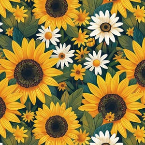 Peut inclure: Un motif sans couture avec des tournesols et des marguerites en pleine floraison. Les tournesols ont des pétales jaune vif et des centres brun foncé, tandis que les marguerites ont des pétales blancs et des centres jaunes. Des feuilles vertes remplissent l'arrière-plan.