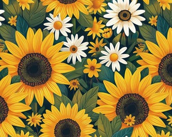 Daisy With Sunflower Floral Pattern Cotton Fabric,Soft 100% Cotton for Kids Clothes, DIY Sewing, Quilting,Sold By Half Yard