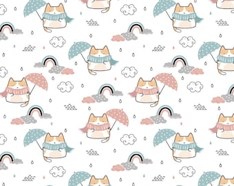 Kawaii Cute Cats With Rain Cotton Fabric-Soft 100% Cotton for Kids Clothes, DIY Sewing, Quilting,Sold By Half Yard