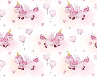 Cute Unicorn Cotton Fabric with Hearts,Kawaii Cartoon Print,Soft 100% Cotton for Kids Clothes, DIY Sewing, Quilting,Sold By Half Yard
