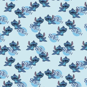 May include: A blue background with a repeating pattern of Stitch, a blue alien character from the Disney movie Lilo & Stitch. Stitch is shown in a yoga pose with the word "Stitch" in a circle around him.