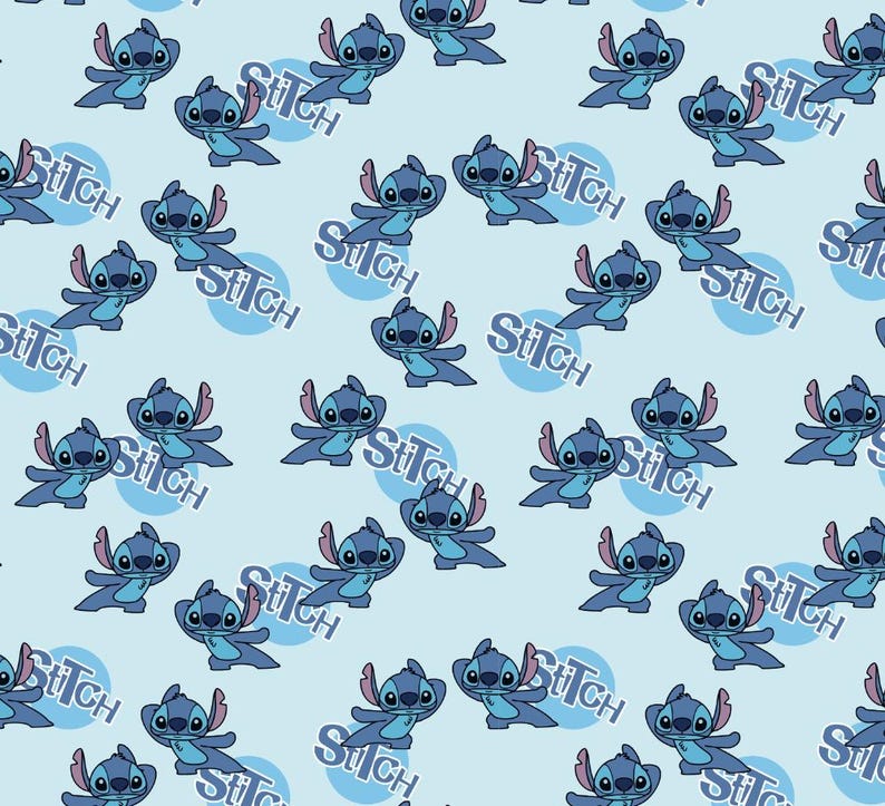 May include: A blue background with a repeating pattern of Stitch, a blue alien character from the Disney movie Lilo & Stitch. Stitch is shown in a yoga pose with the word "Stitch" in a circle around him.
