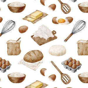Pu&ograve; includere: Illustrazione ad acquerello di ingredienti per la panificazione su sfondo bianco. L'immagine presenta un motivo continuo di ciotole di legno, farina, burro, uova, fruste, un cucchiaio di legno e una pagnotta di pane. La tavolozza dei colori comprende sfumature di marrone, beige e bianco.