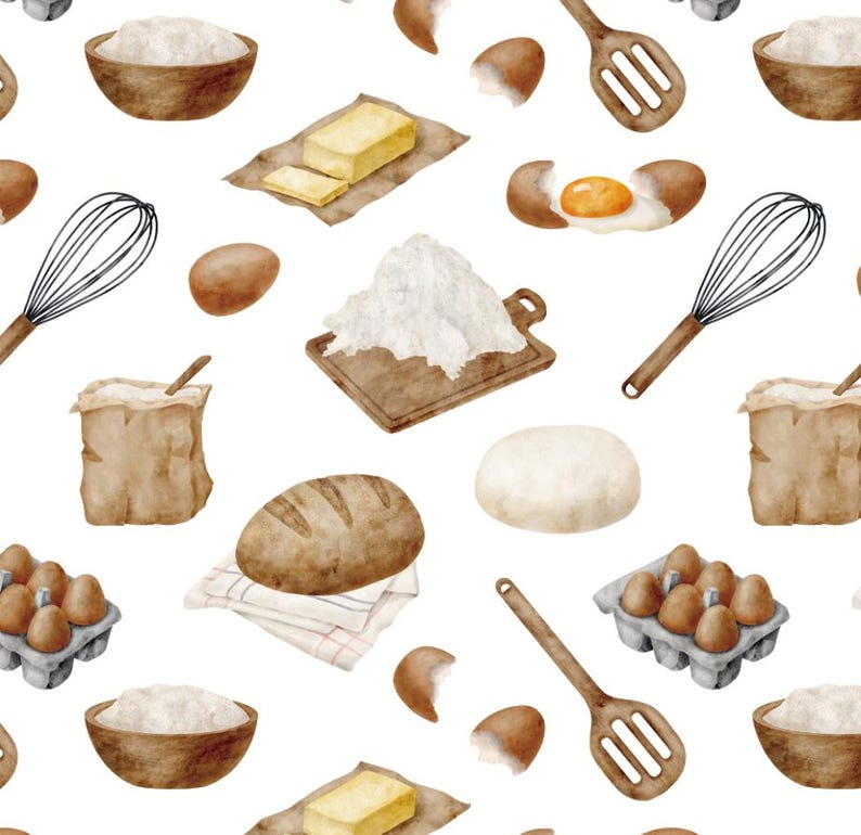 Pu&ograve; includere: Illustrazione ad acquerello di ingredienti per la panificazione su sfondo bianco. L'immagine presenta un motivo continuo di ciotole di legno, farina, burro, uova, fruste, un cucchiaio di legno e una pagnotta di pane. La tavolozza dei colori comprende sfumature di marrone, beige e bianco.