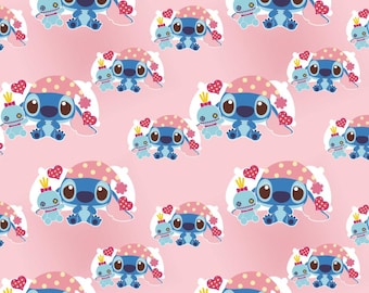 Stitch Anime Blue Fabric - Vibrant Digital Print for Home Decor, Bags & Dresses, Sold by Half Yard