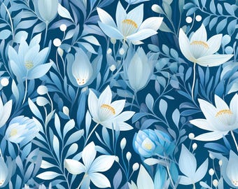 Blue Floral Leaf Pattern Pure Cotton Fabric,Soft 100% Cotton for Kids Clothes, DIY Sewing, Quilting,Sold By Half Yard
