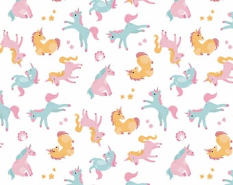 Cute Unicorn Floral Pattern Cotton Fabric-Soft 100% Cotton for Kids Clothes, DIY Sewing, Quilting,Sold By Half Yard