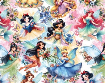 Princess Pattern Cotton Fabric-Disney-Style Princess Design,Disney Princess Fabric Breathable & Fade-Resistant Sold By Half Yard