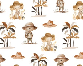 Tropisches Reise-Abenteuer-Muster, süßer Baby-Elefant, Muster, Baumwollstoff, weich, 100% Baumwolle für DIY-Nähen, Quilten, verkauft von einem halben Hof