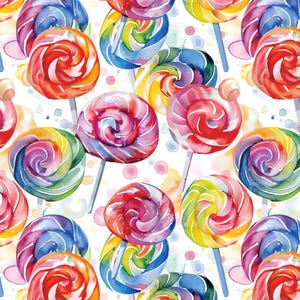 May include: Watercolor illustration of a repeating pattern of colorful lollipops on white. The lollipops are swirled with shades of red, orange, yellow, green, blue, and purple. Each lollipop has a white stick and is set against a background of small, colorful dots.