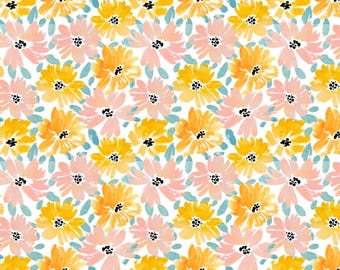 Watercolor Daisy Floral Pattern Soft 100% Cotton for Kids Clothes, DIY Sewing, Quilting,Sold By Half Yard
