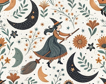 Witch On Broom Moon Halloween Pattern Fabric,100% Cotton for Kids Clothes, DIY Sewing,Sold By Half Yard