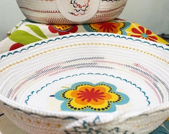 Cotton Rope Bowl Set - Handmade - Multi Color - Floral - Kitchen Bowl - Coffee Table Bowl - Clothesline Bowl