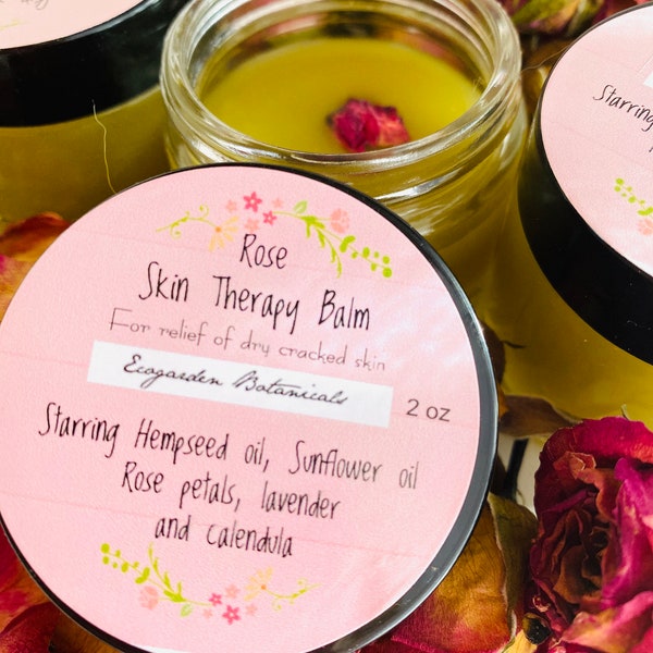 Rose Balm - With Rose Petals, Lavender Flower, Calendula Flower and Hempseed Oil and Pure Rose Absolute for dry cracked skin and lips.