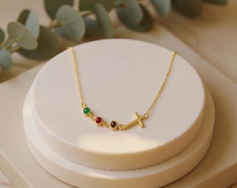 Cross Birthstone Necklace, Christian Cross Pendant, Cross Religious Necklace, Birthstone Cross Pendant, Birthstone Customized Necklace Gift