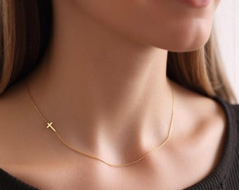 Christian Cross Sideway Necklace, Cross Religious Necklace, Baptism Cross Necklace, Cross Christmas Necklace Gift For Grandma, Cross Jewelry