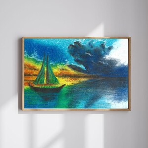 Sailboat Adventure at Dusk – Soft Pastel Digital Print, Nautical Seascape Wall Art, Stormy Sky Ocean Scene