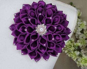 Deep purple or 21 other colors, plum large flower brooch with rhinestone petals, church fashion, African violet, Shoulder Flower Brooch