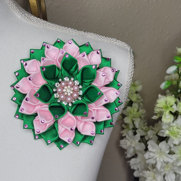 Pink and green large flower shoulder brooch with rhinestone petals, church fashion, African violet, Shoulder Flower Brooch