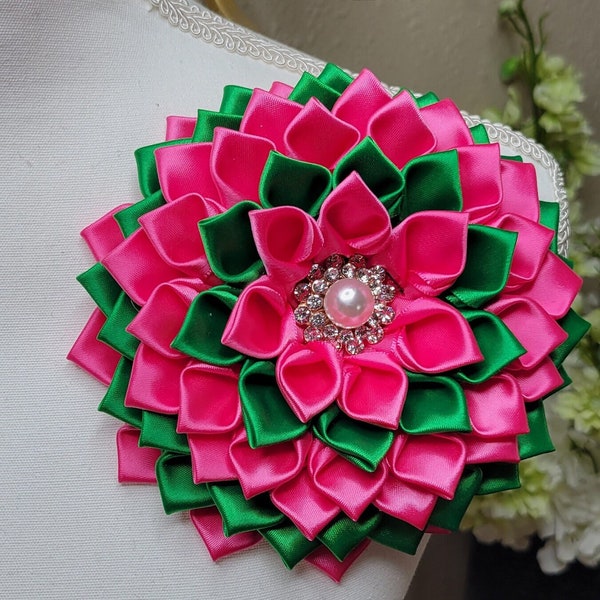 Pink and Green flower pin with rhinestone petals, brooch, church fashion, wedding accessories, Shoulder Flower Brooch
