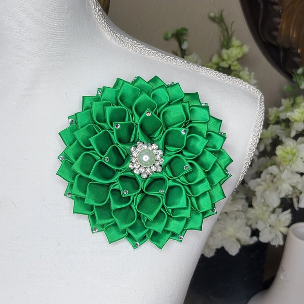 Emerald Green or 21 other colors, green large flower brooch with rhinestone petals, church fashion, African violet, Shoulder Flower Brooch