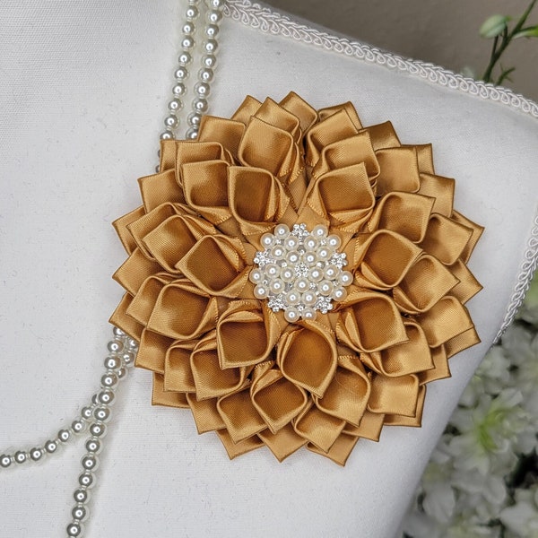 Gold sorority silk flower brooch, gold shoulder pin brooch, church fashion, sorority gifts  wedding accessories, shoulder flower Brooch