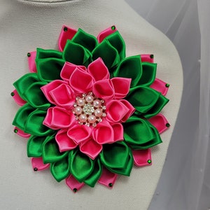 Pink and Green flower pin with rhinestone petals, brooch, church fashion, wedding accessories, Shoulder Flower Brooch