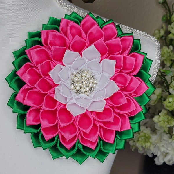 Hot pink, emerald green and white flower pin, brooch, church fashion, sorority, wedding accessories, Shoulder Flower Brooch