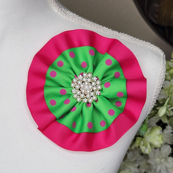 Hot pink with green dots brooch (select your color), flower pin, church fashion, sorority brooch, Shoulder Flower Brooch, first lady brooch